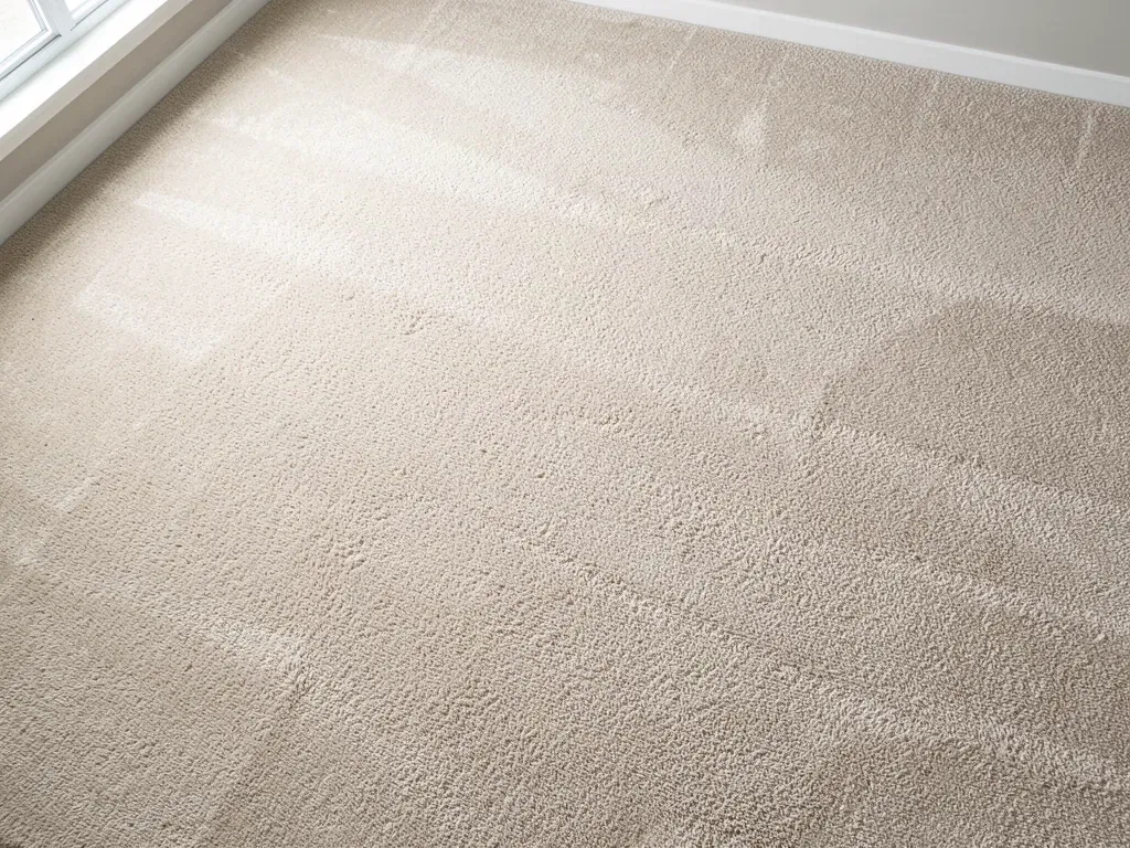 Beige carpet after professional steam cleaning: bright, evenly clean fibers with fresh vacuum grooming lines