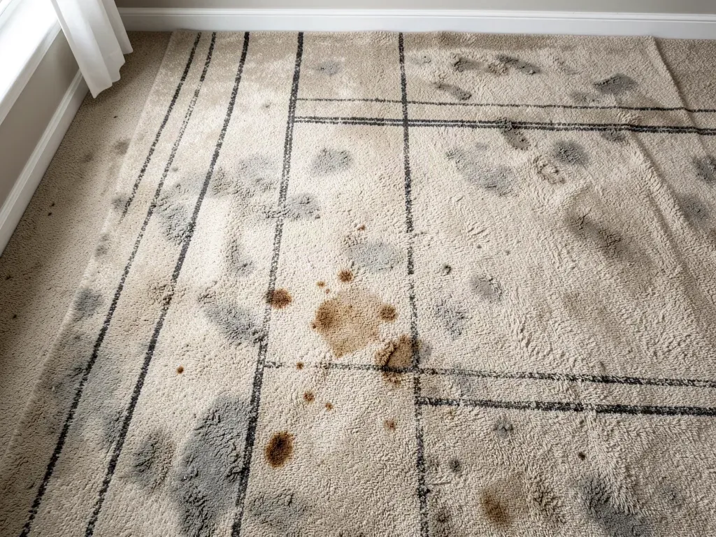 The same beige carpet before cleaning: dark traffic lanes, grey soil buildup and brown pet and coffee stains